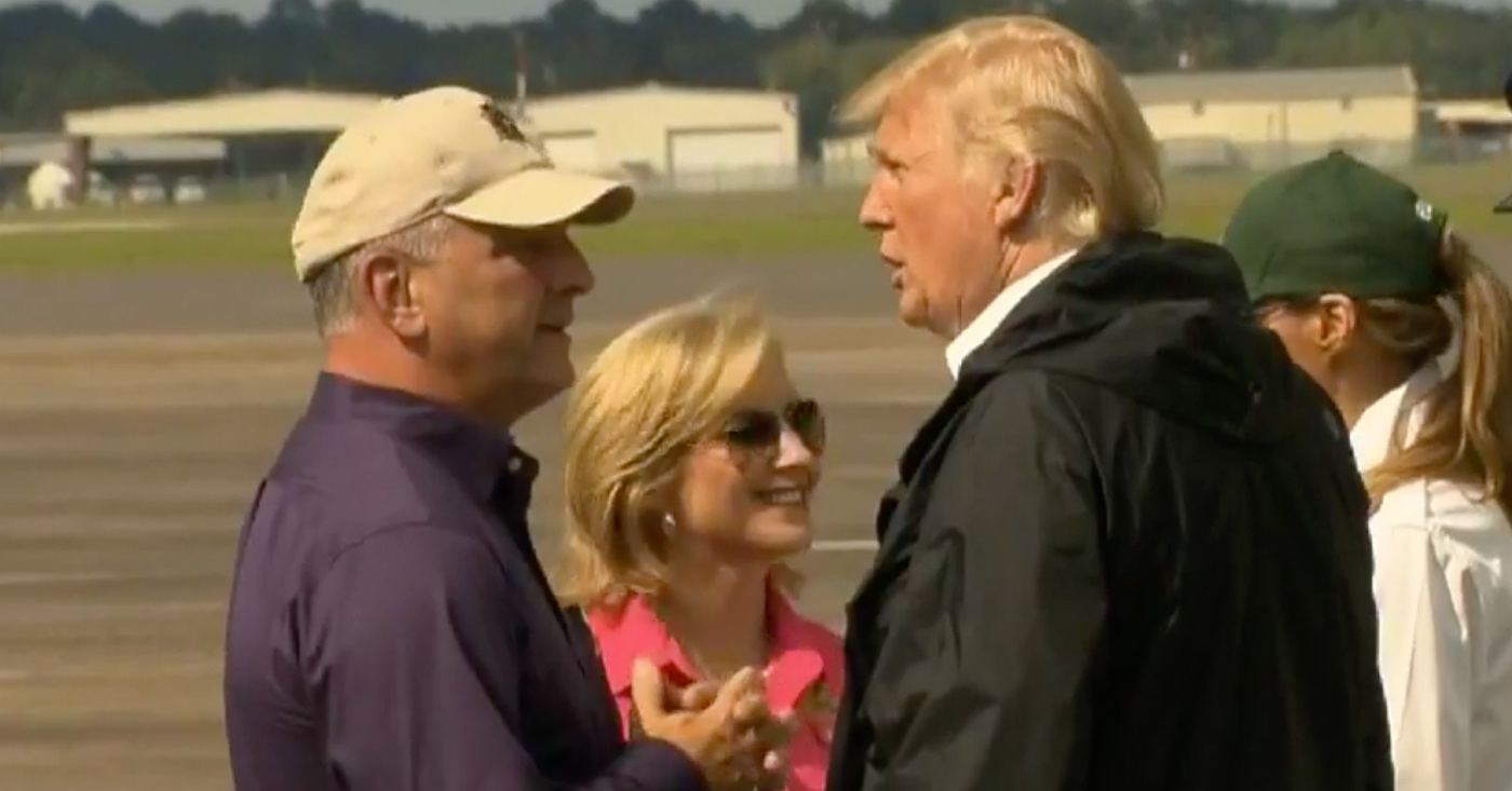 Jacket-Wearing President Trump Clearly Underestimating Devil’s Ass-Crack Level Humidity Of Louisiana